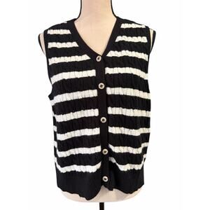 Wiholl Women's Black White Stripe Cable Knit Button Up Sweater Vest Sz L Preppy